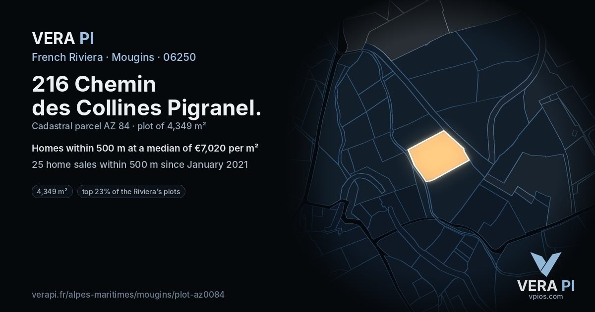 216 Chemin des Collines Pigranel, Mougins at night – the plot lit, the parcels around coloured by the prices near them