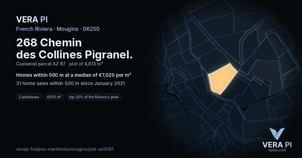268 Chemin des Collines Pigranel, Mougins at night – the plot lit, the parcels around coloured by the prices near them