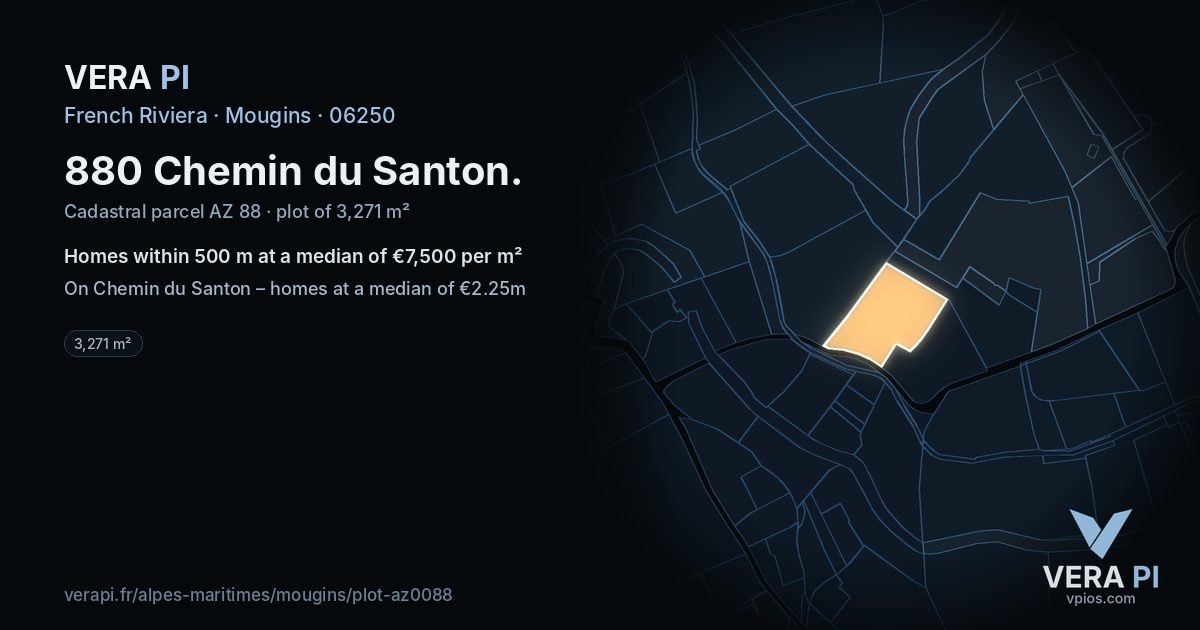 880 Chemin du Santon, Mougins at night – the plot lit, the parcels around coloured by the prices near them