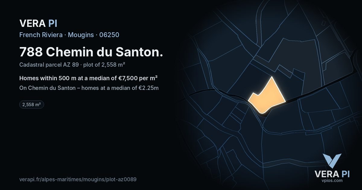 788 Chemin du Santon, Mougins at night – the plot lit, the parcels around coloured by the prices near them