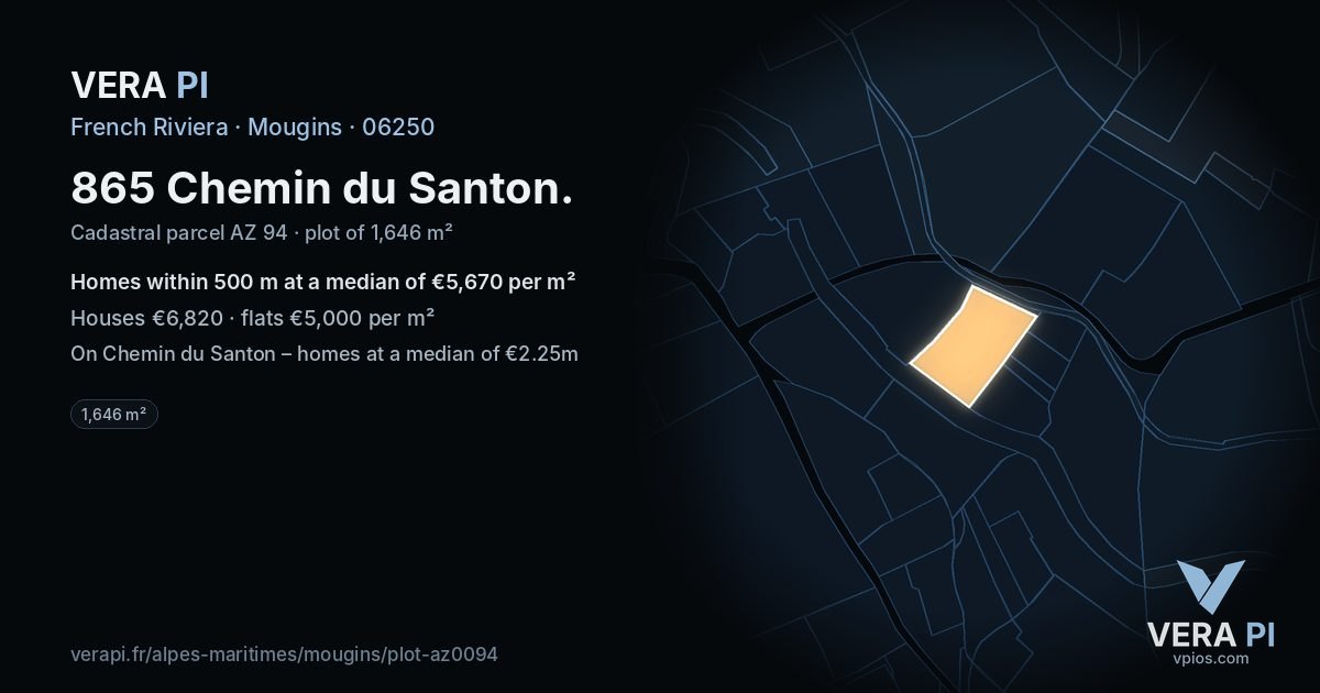 865 Chemin du Santon, Mougins at night – the plot lit, the parcels around coloured by the prices near them
