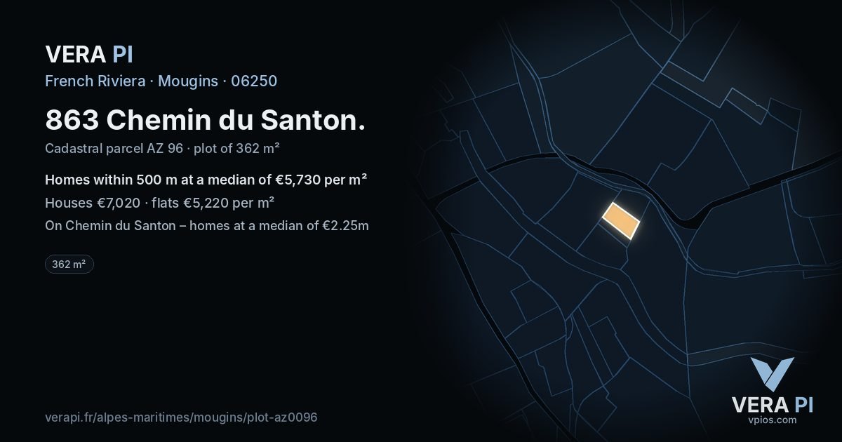 863 Chemin du Santon, Mougins at night – the plot lit, the parcels around coloured by the prices near them