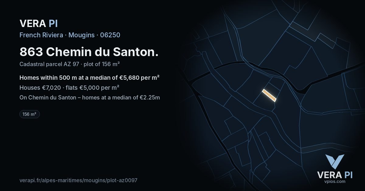 863 Chemin du Santon, Mougins at night – the plot lit, the parcels around coloured by the prices near them