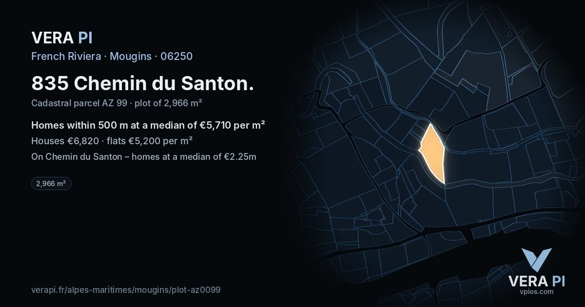 835 Chemin du Santon, Mougins at night – the plot lit, the parcels around coloured by the prices near them