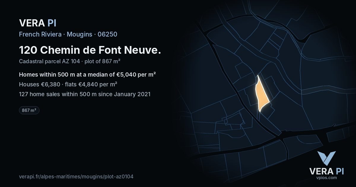120 Chemin de Font Neuve, Mougins at night – the plot lit, the parcels around coloured by the prices near them