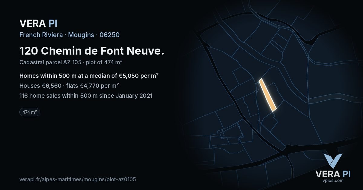 120 Chemin de Font Neuve, Mougins at night – the plot lit, the parcels around coloured by the prices near them