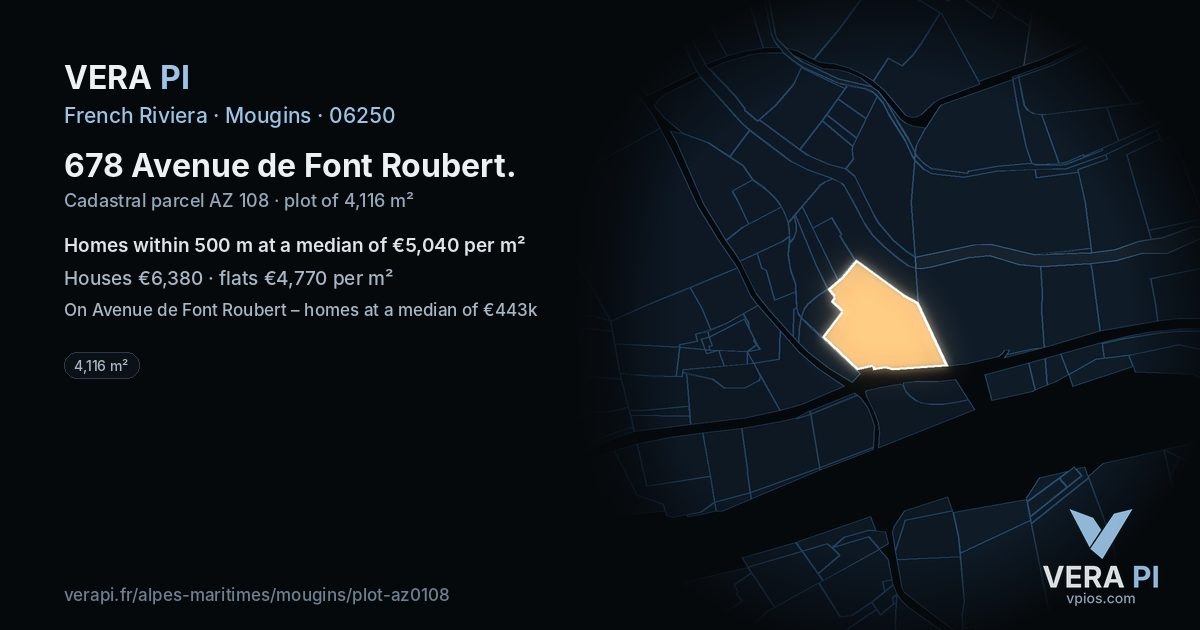 678 Avenue de Font Roubert, Mougins at night – the plot lit, the parcels around coloured by the prices near them