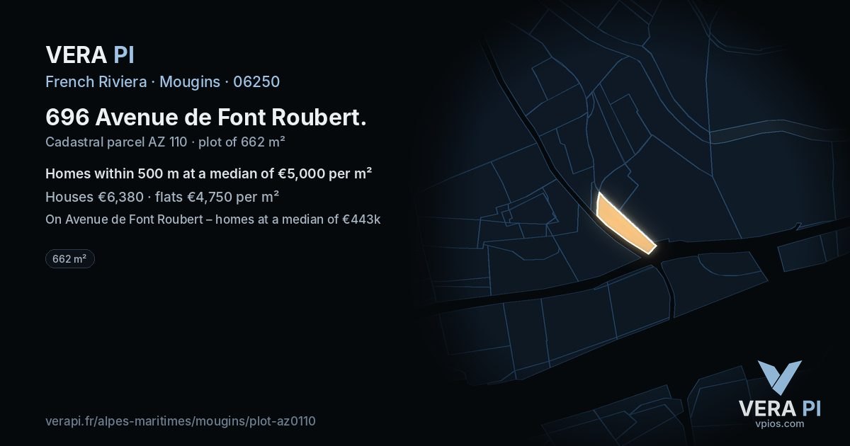 696 Avenue de Font Roubert, Mougins at night – the plot lit, the parcels around coloured by the prices near them