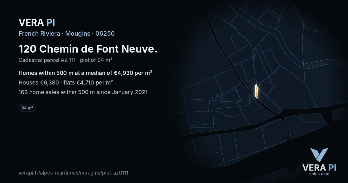 120 Chemin de Font Neuve, Mougins at night – the plot lit, the parcels around coloured by the prices near them