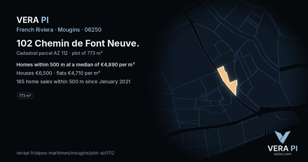 102 Chemin de Font Neuve, Mougins at night – the plot lit, the parcels around coloured by the prices near them