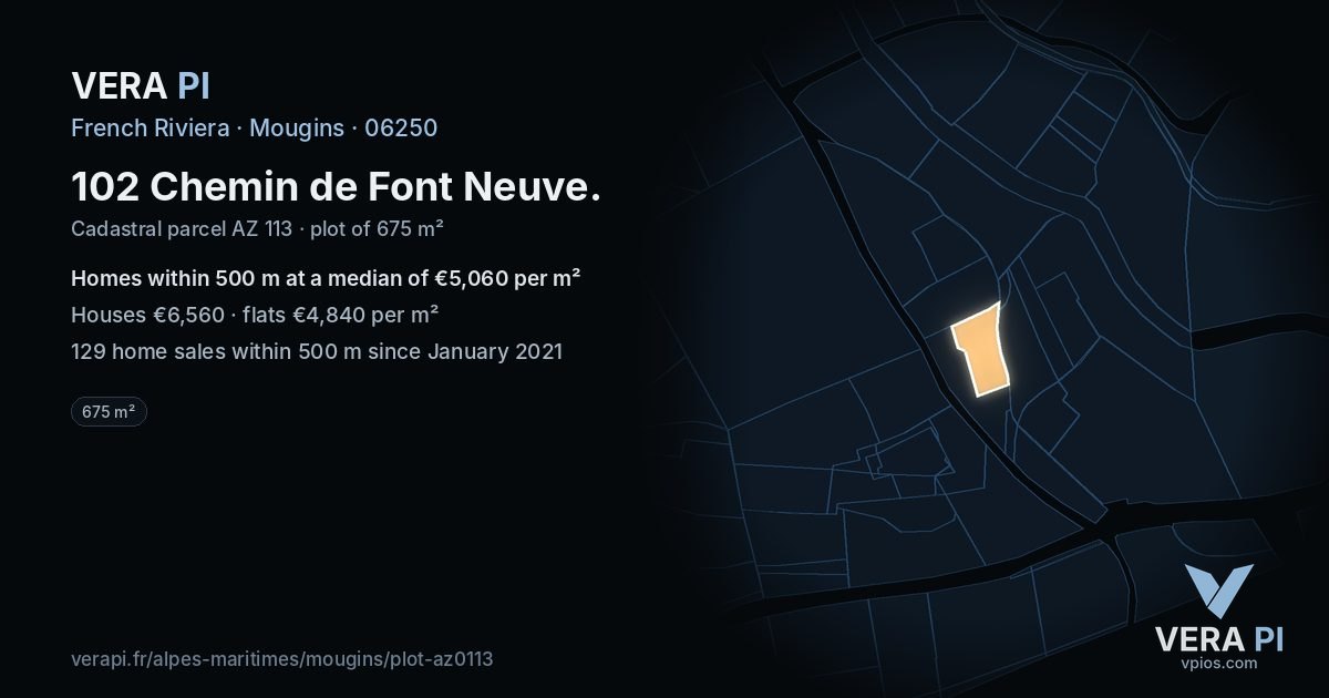 102 Chemin de Font Neuve, Mougins at night – the plot lit, the parcels around coloured by the prices near them