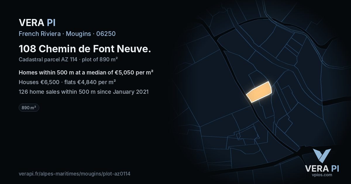 108 Chemin de Font Neuve, Mougins at night – the plot lit, the parcels around coloured by the prices near them