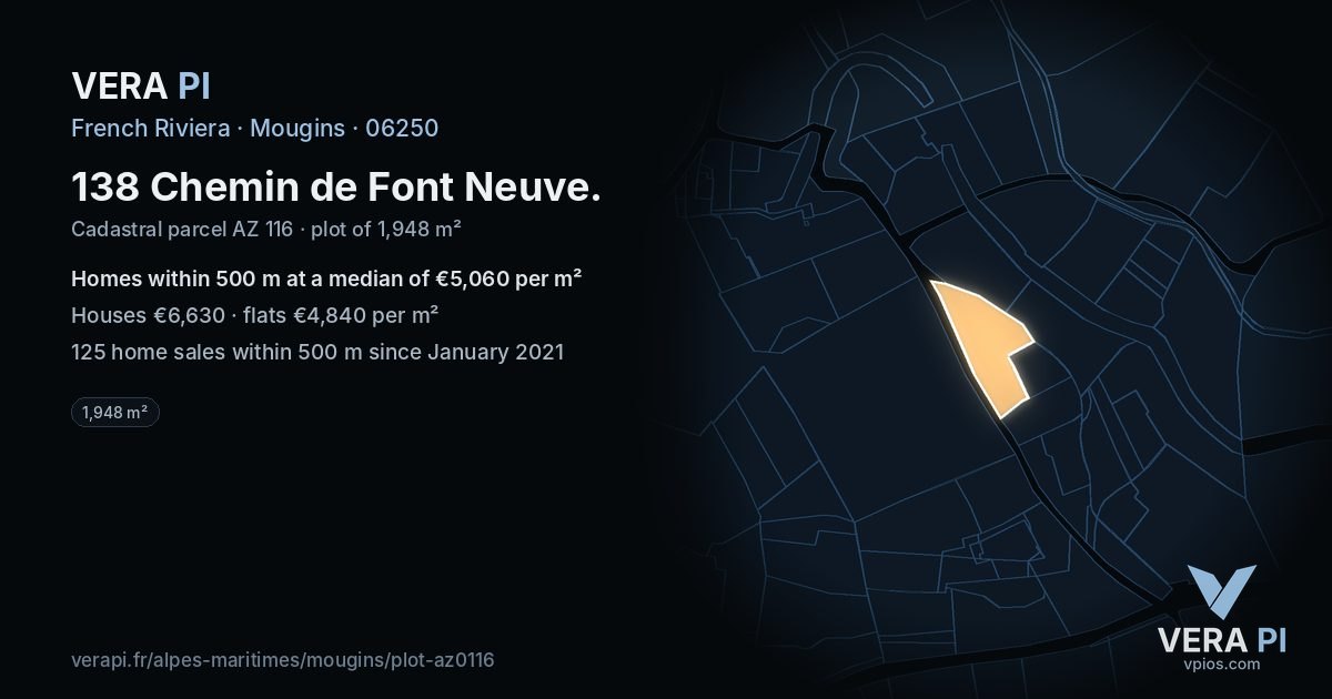 138 Chemin de Font Neuve, Mougins at night – the plot lit, the parcels around coloured by the prices near them