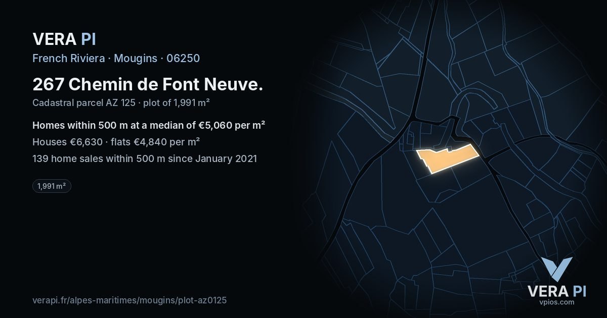 267 Chemin de Font Neuve, Mougins at night – the plot lit, the parcels around coloured by the prices near them