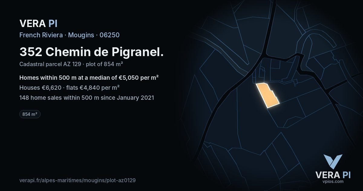 352 Chemin de Pigranel, Mougins at night – the plot lit, the parcels around coloured by the prices near them