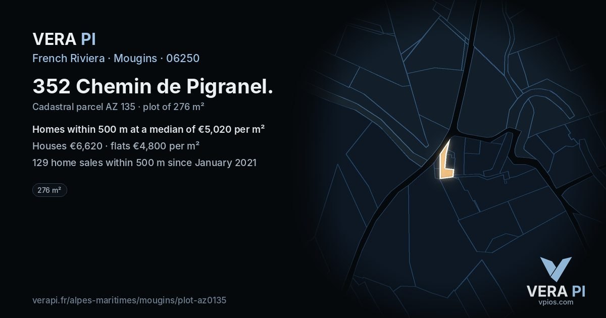 352 Chemin de Pigranel, Mougins at night – the plot lit, the parcels around coloured by the prices near them