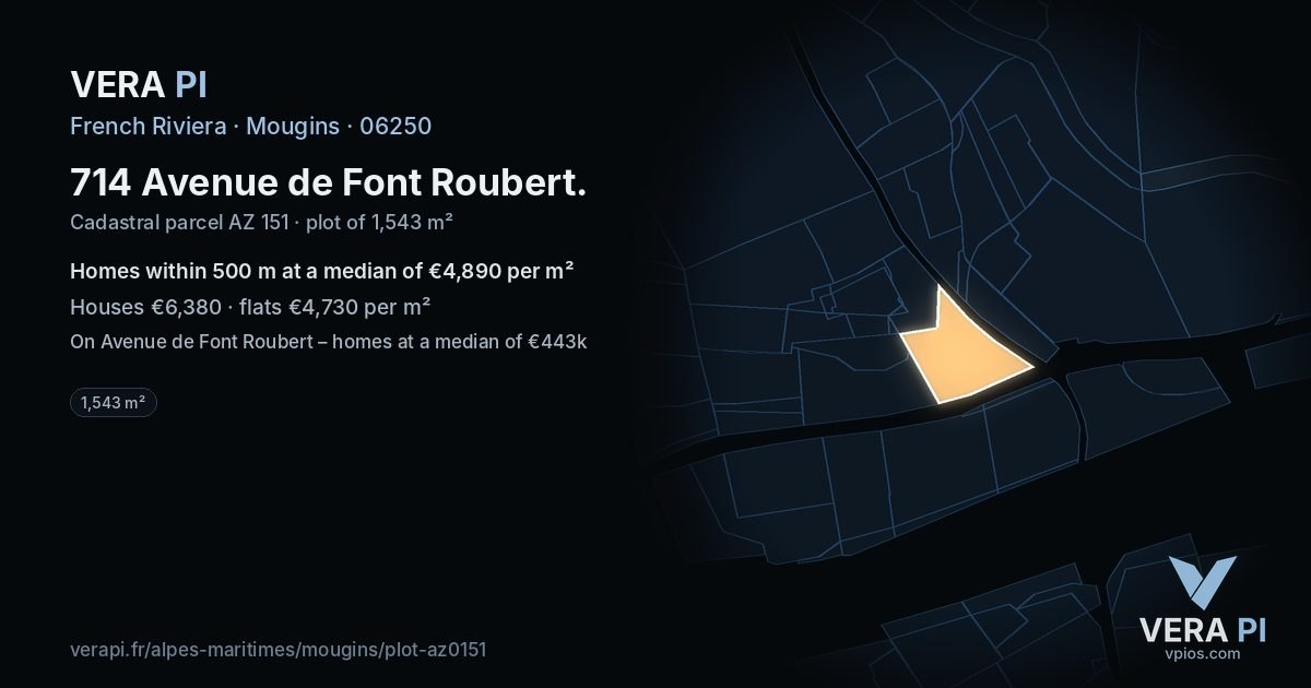 714 Avenue de Font Roubert, Mougins at night – the plot lit, the parcels around coloured by the prices near them