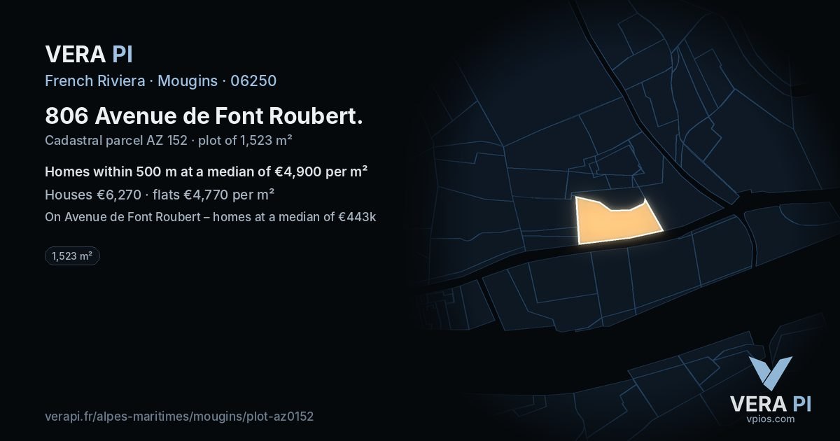 806 Avenue de Font Roubert, Mougins at night – the plot lit, the parcels around coloured by the prices near them