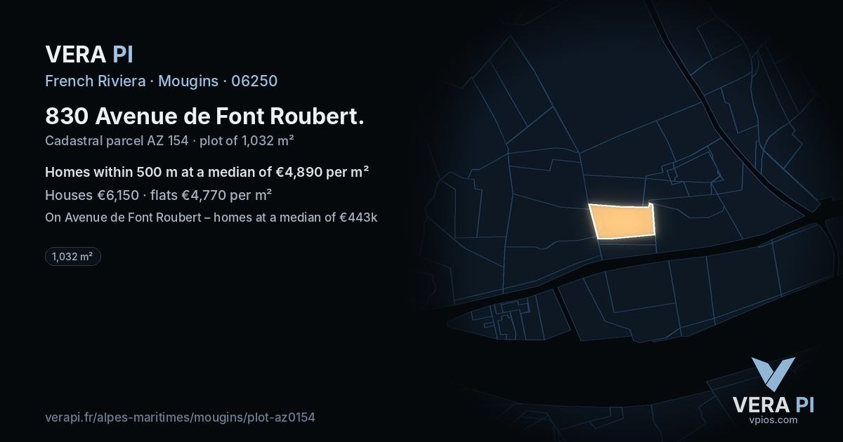 830 Avenue de Font Roubert, Mougins at night – the plot lit, the parcels around coloured by the prices near them
