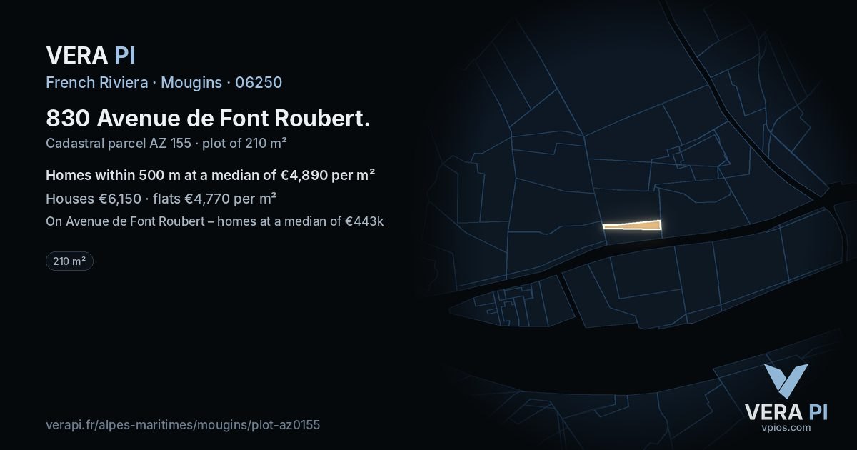 830 Avenue de Font Roubert, Mougins at night – the plot lit, the parcels around coloured by the prices near them