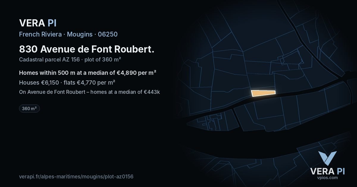 830 Avenue de Font Roubert, Mougins at night – the plot lit, the parcels around coloured by the prices near them