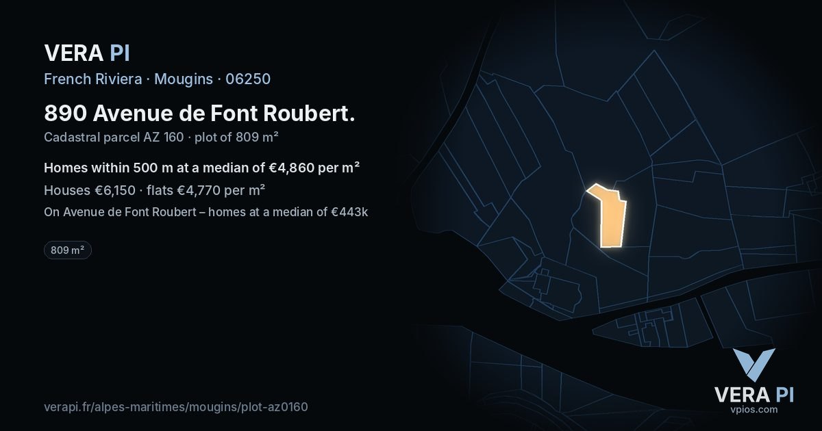 890 Avenue de Font Roubert, Mougins at night – the plot lit, the parcels around coloured by the prices near them