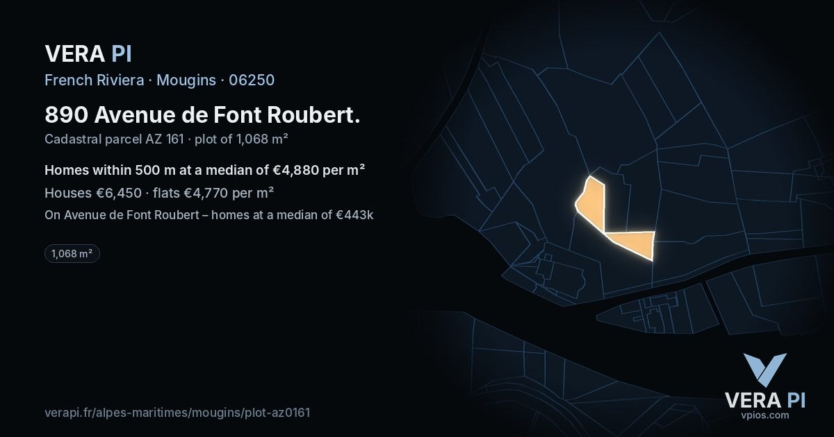 890 Avenue de Font Roubert, Mougins at night – the plot lit, the parcels around coloured by the prices near them