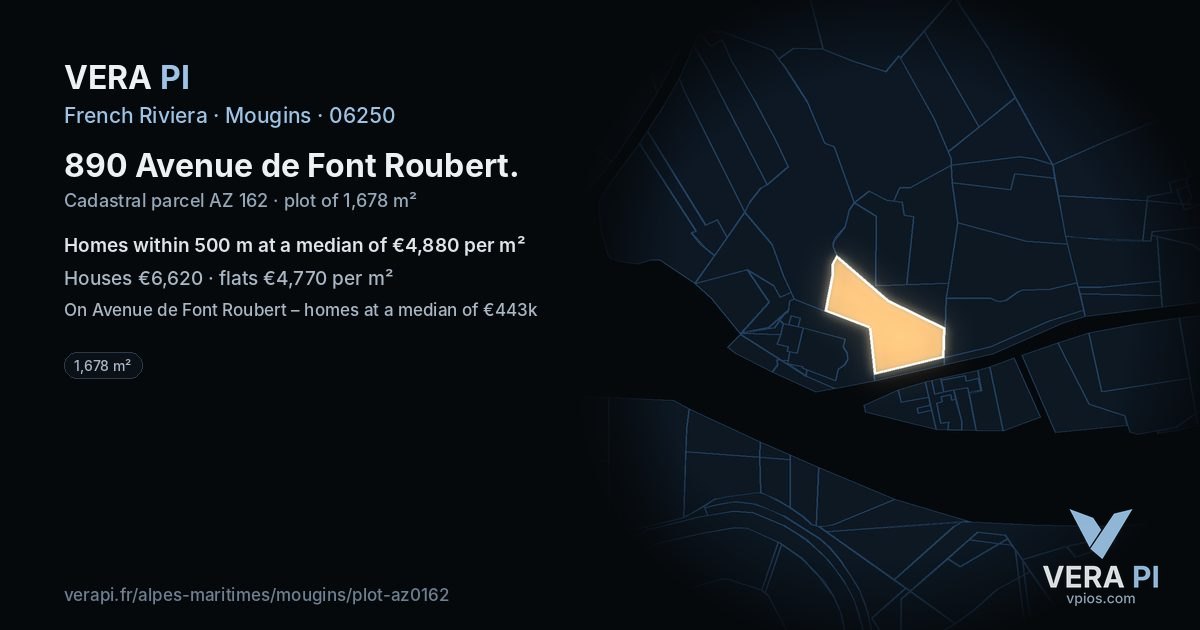 890 Avenue de Font Roubert, Mougins at night – the plot lit, the parcels around coloured by the prices near them