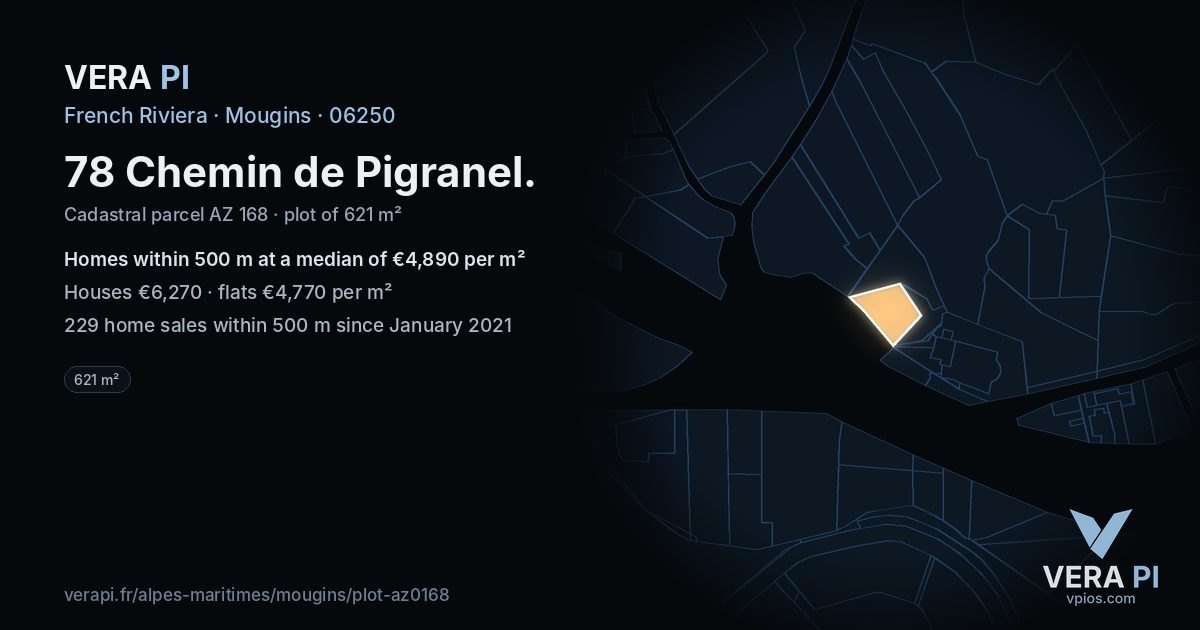78 Chemin de Pigranel, Mougins at night – the plot lit, the parcels around coloured by the prices near them