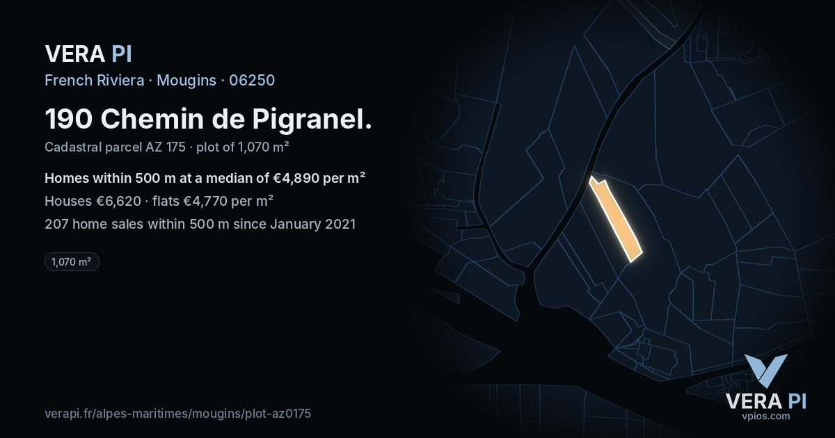 190 Chemin de Pigranel, Mougins at night – the plot lit, the parcels around coloured by the prices near them