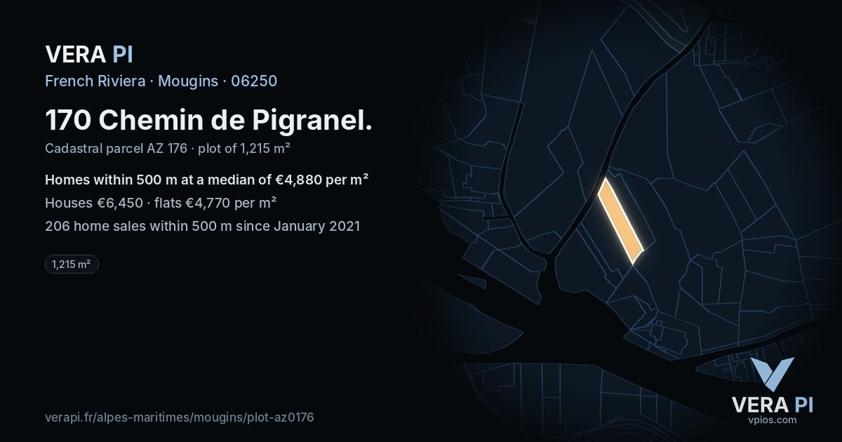 170 Chemin de Pigranel, Mougins at night – the plot lit, the parcels around coloured by the prices near them
