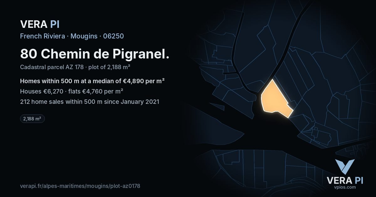 80 Chemin de Pigranel, Mougins at night – the plot lit, the parcels around coloured by the prices near them