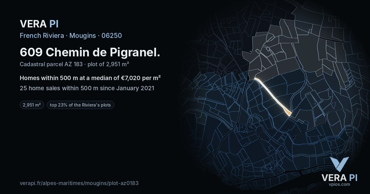609 Chemin de Pigranel, Mougins at night – the plot lit, the parcels around coloured by the prices near them