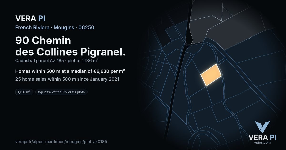 90 Chemin des Collines Pigranel, Mougins at night – the plot lit, the parcels around coloured by the prices near them