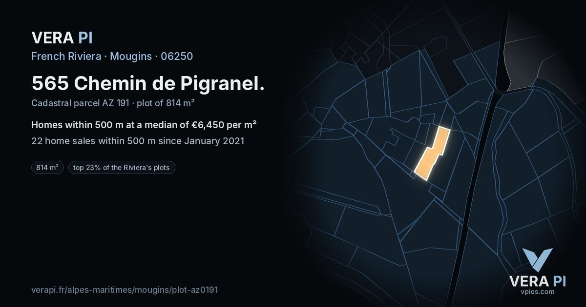 565 Chemin de Pigranel, Mougins at night – the plot lit, the parcels around coloured by the prices near them