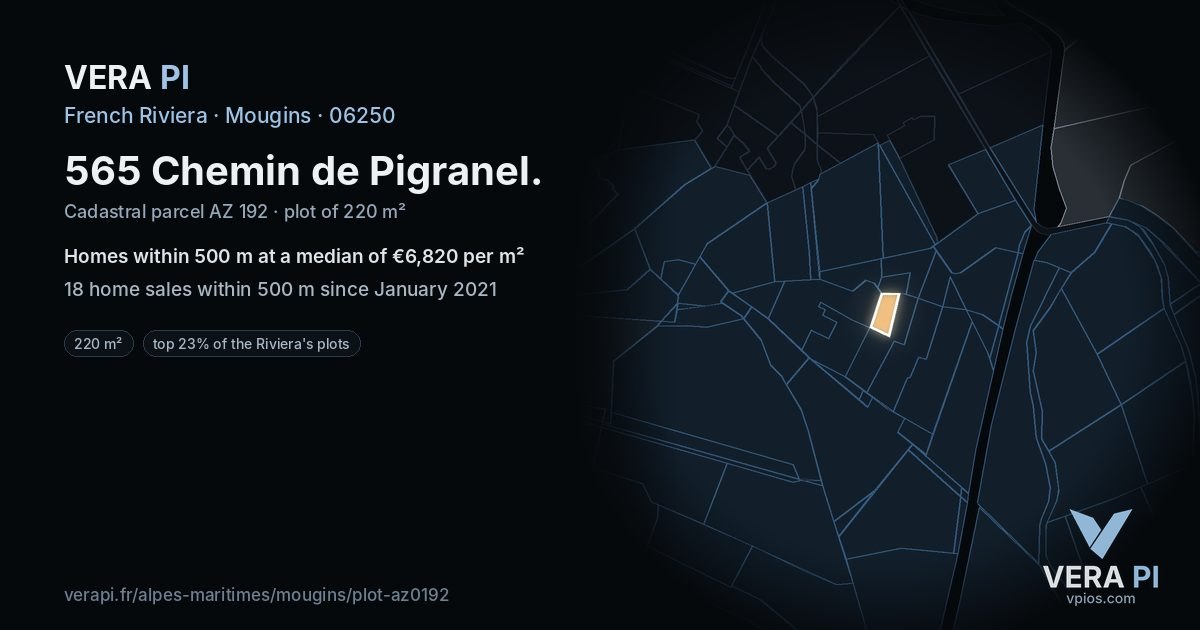 565 Chemin de Pigranel, Mougins at night – the plot lit, the parcels around coloured by the prices near them