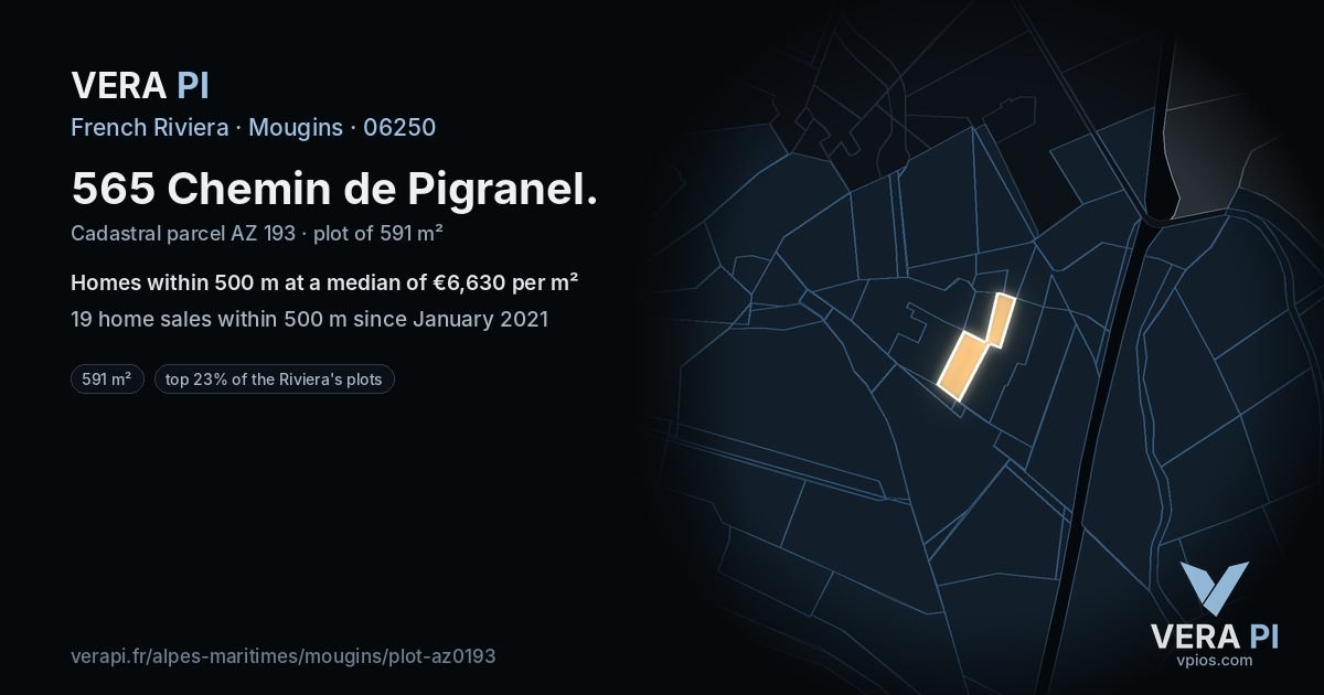 565 Chemin de Pigranel, Mougins at night – the plot lit, the parcels around coloured by the prices near them