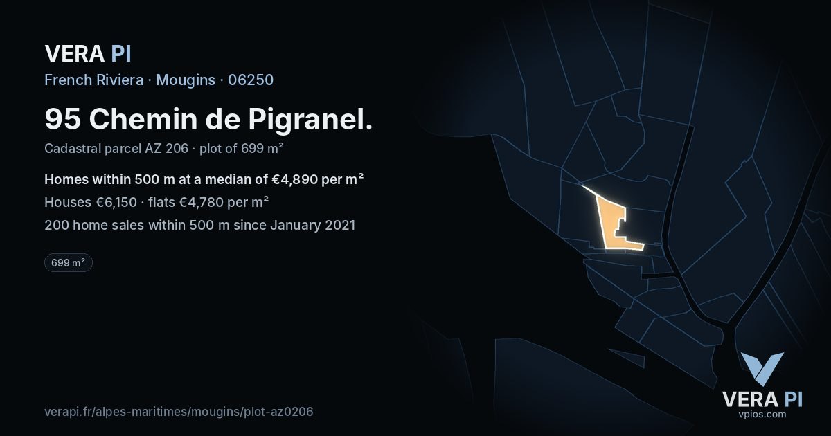 95 Chemin de Pigranel, Mougins at night – the plot lit, the parcels around coloured by the prices near them