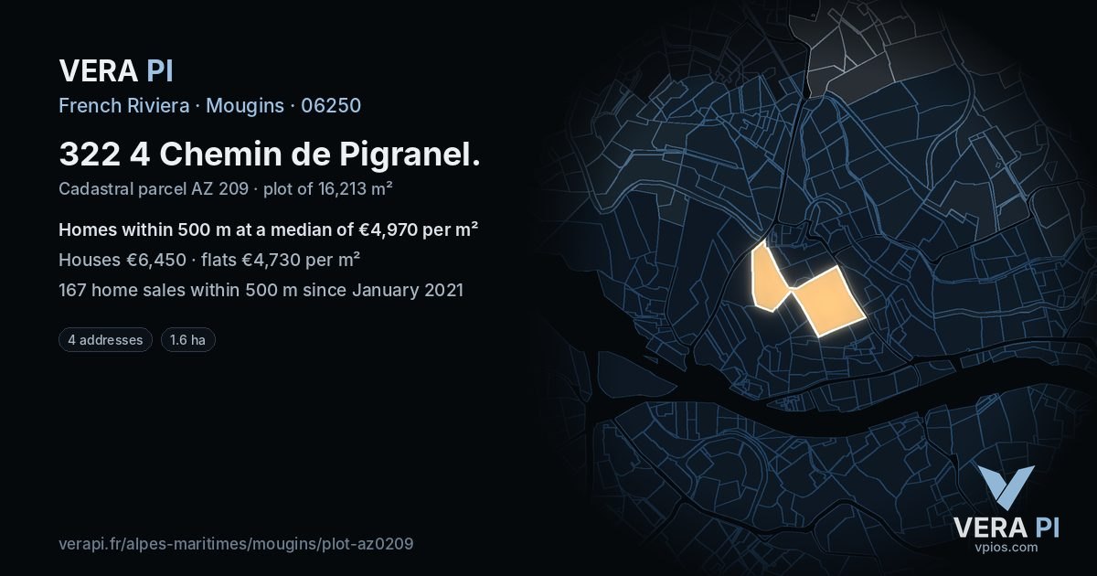 322 4 Chemin de Pigranel, Mougins at night – the plot lit, the parcels around coloured by the prices near them