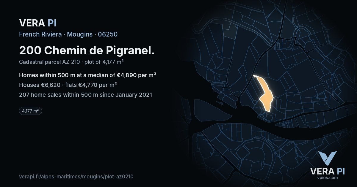 200 Chemin de Pigranel, Mougins at night – the plot lit, the parcels around coloured by the prices near them