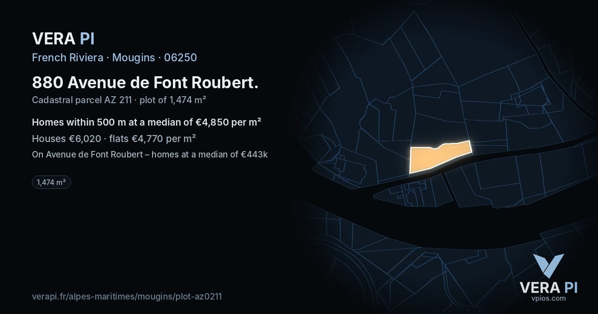 880 Avenue de Font Roubert, Mougins at night – the plot lit, the parcels around coloured by the prices near them