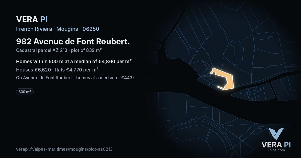 982 Avenue de Font Roubert, Mougins at night – the plot lit, the parcels around coloured by the prices near them