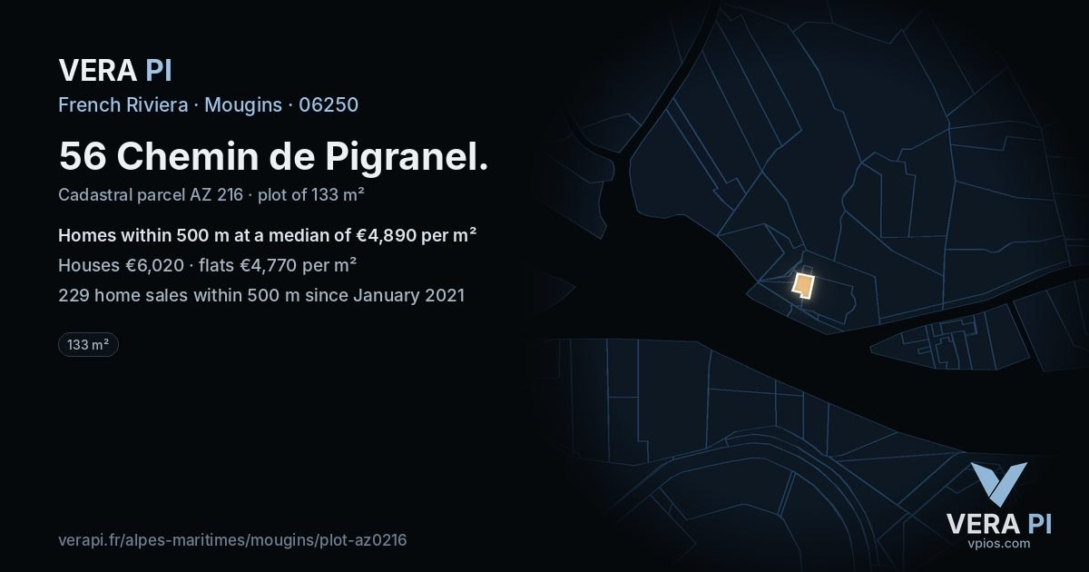 56 Chemin de Pigranel, Mougins at night – the plot lit, the parcels around coloured by the prices near them
