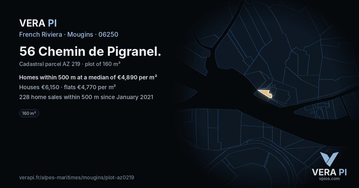 56 Chemin de Pigranel, Mougins at night – the plot lit, the parcels around coloured by the prices near them