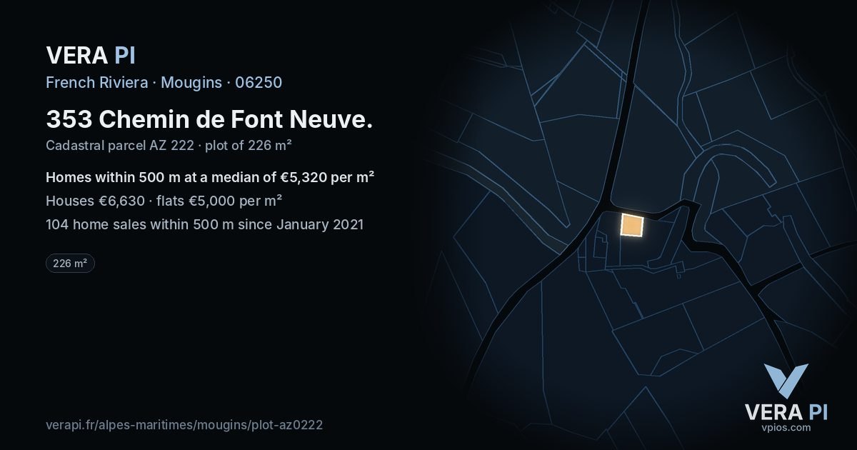 353 Chemin de Font Neuve, Mougins at night – the plot lit, the parcels around coloured by the prices near them