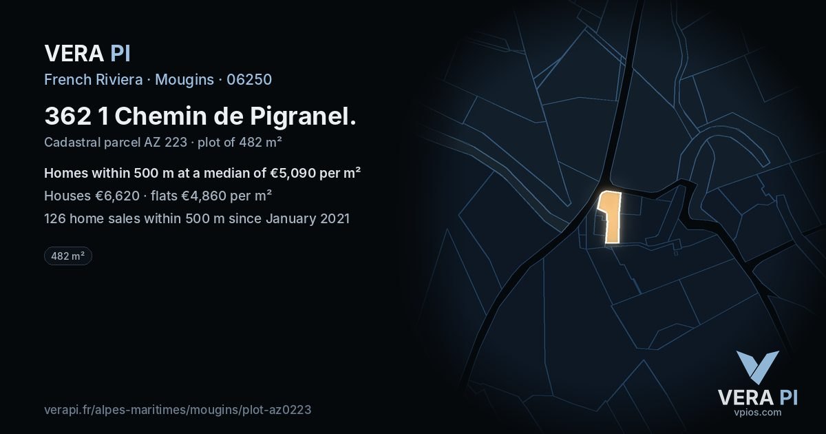 362 1 Chemin de Pigranel, Mougins at night – the plot lit, the parcels around coloured by the prices near them