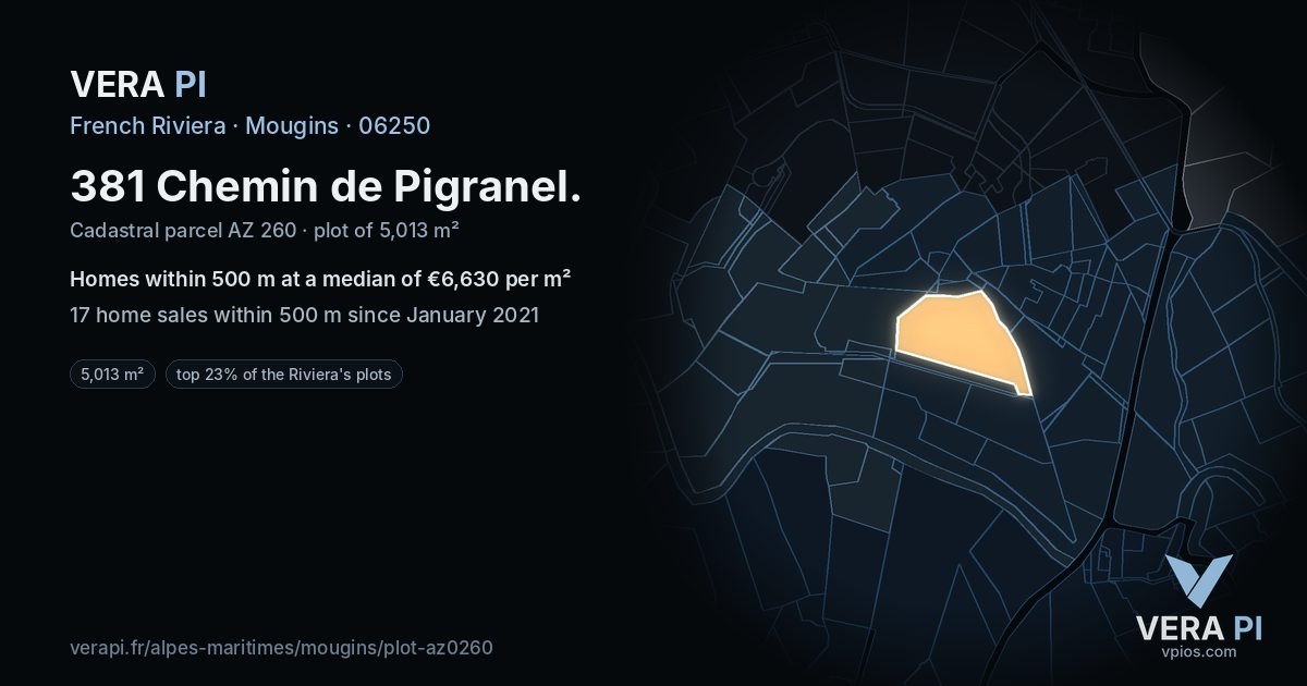 381 Chemin de Pigranel, Mougins at night – the plot lit, the parcels around coloured by the prices near them