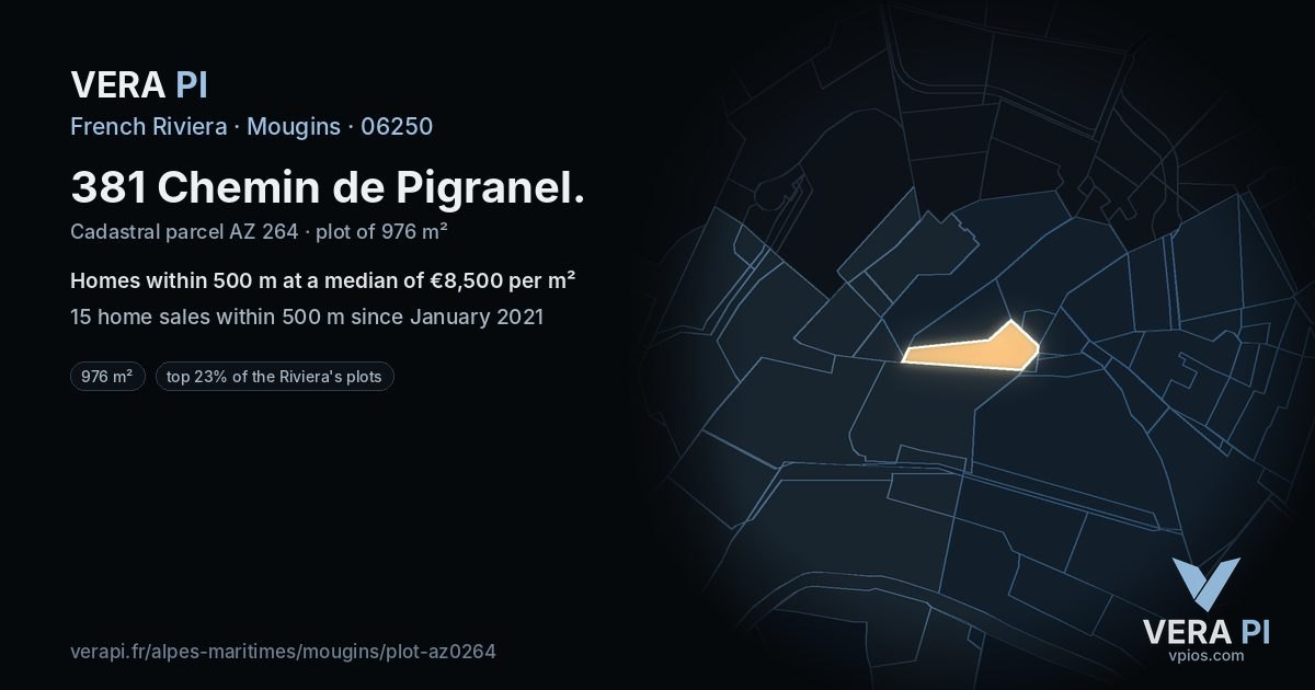 381 Chemin de Pigranel, Mougins at night – the plot lit, the parcels around coloured by the prices near them