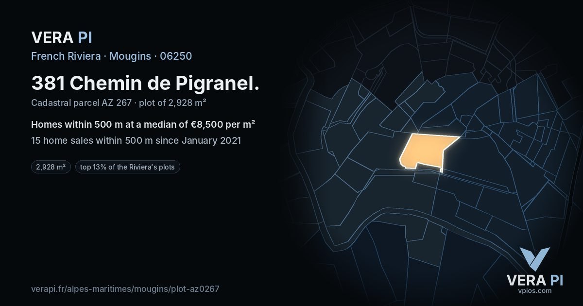 381 Chemin de Pigranel, Mougins at night – the plot lit, the parcels around coloured by the prices near them