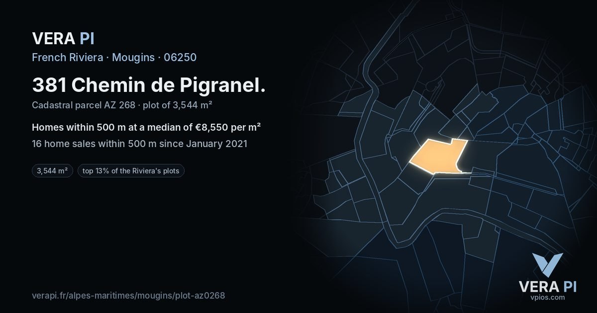 381 Chemin de Pigranel, Mougins at night – the plot lit, the parcels around coloured by the prices near them